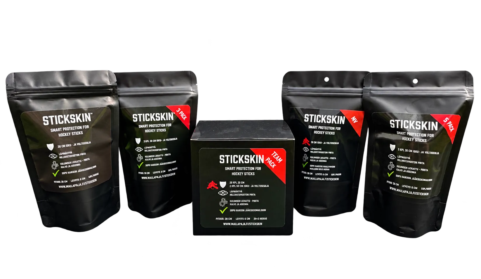 StickSkin-tuoteperhe: yksittäispakkaus, 3 Pack, Team Pack, MV ja 5 Pack.